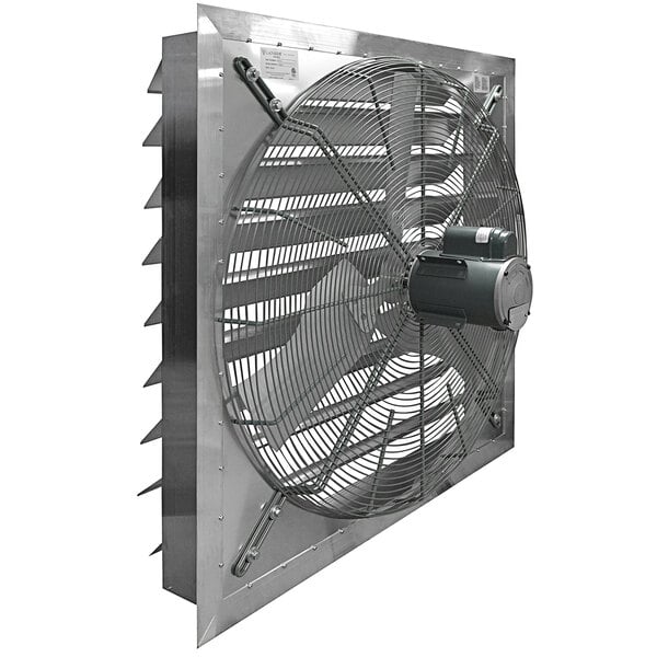 A Canarm shutter-mounted industrial exhaust fan with a motor.
