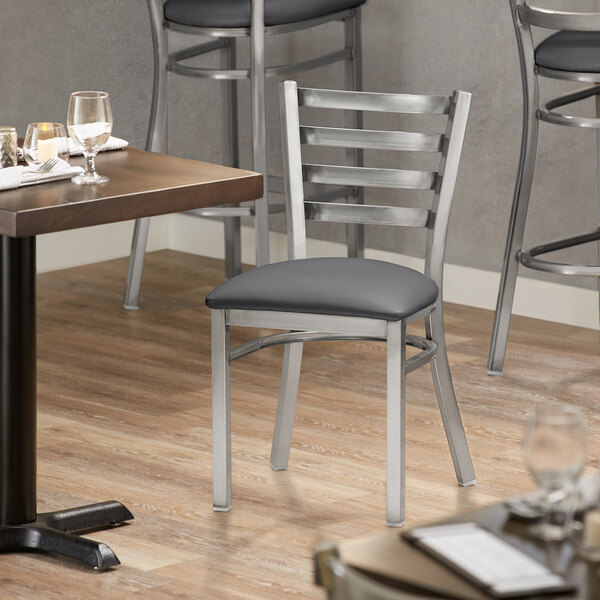 Lancaster Table & Seating Clear Coat Finish Ladder Back Chair with 2 1/2" Dark Gray Vinyl Padded Seat