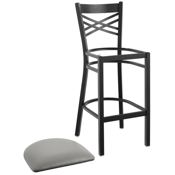 Lancaster Table & Seating Black Cross Back Bar Height Chair with Light Gray Padded Seat