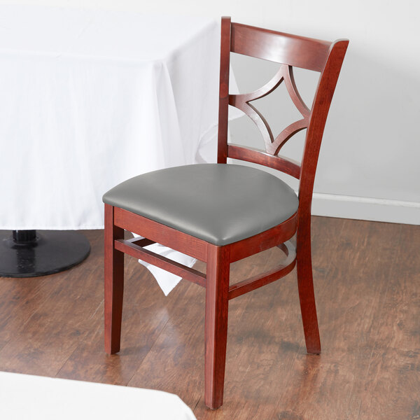 Lancaster Table & Seating Mahogany Finish Wooden Diamond Back Chair with Light Gray Padded Seat