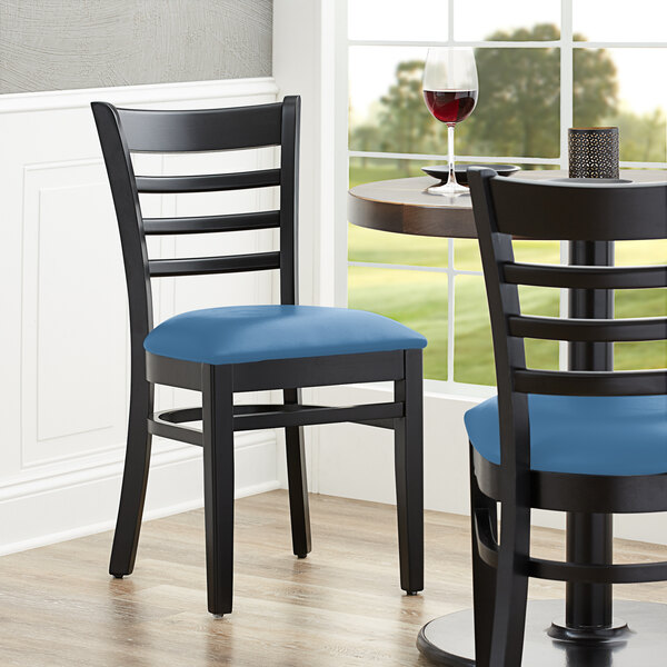 Lancaster Table & Seating Black Finish Wooden Ladder Back Chair with Blue Padded Seat