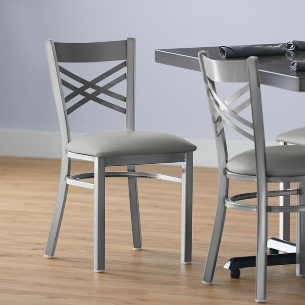 Lancaster Table & Seating Clear Coat Finish Cross Back Chair with 2 1/2" Light Gray Vinyl Padded Seat