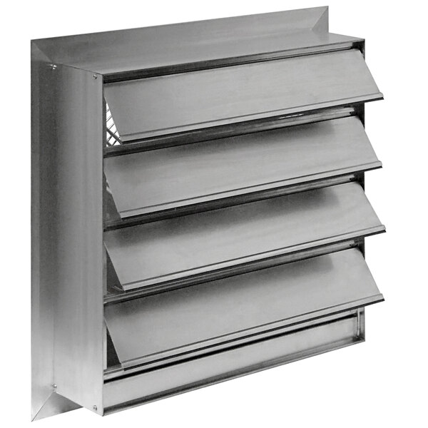 A metal box with a stainless steel exhaust fan with four doors.