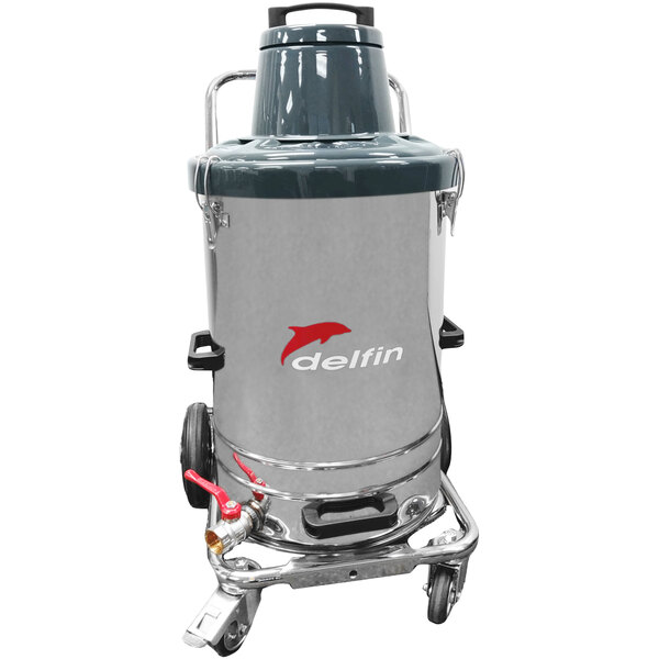 A Delfin Tecnoil Mini industrial wet/dry vacuum cleaner on wheels.