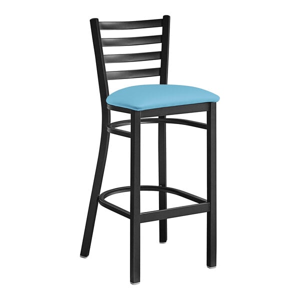 Lancaster Table & Seating Black Finish Ladder Back Bar Stool with 2 1/2  Blue Vinyl Padded Seat - Assembled