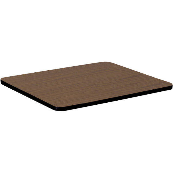 A square wooden table top with a walnut finish.