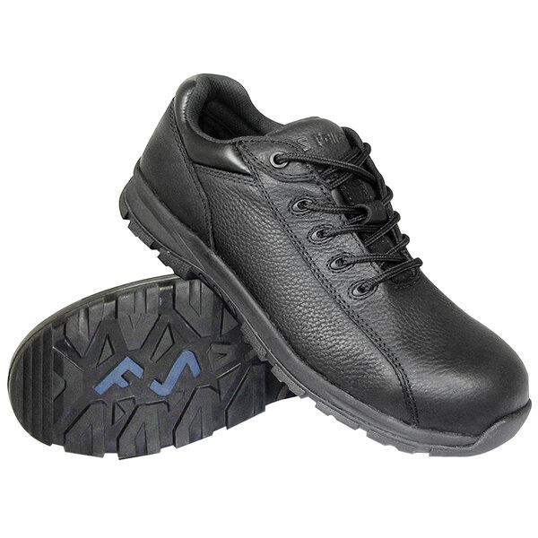 A Genuine Grip black leather safety shoe with laces and a black rubber sole.