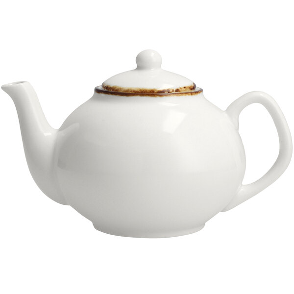 A Fortessa Bright White China teapot with brown trim.