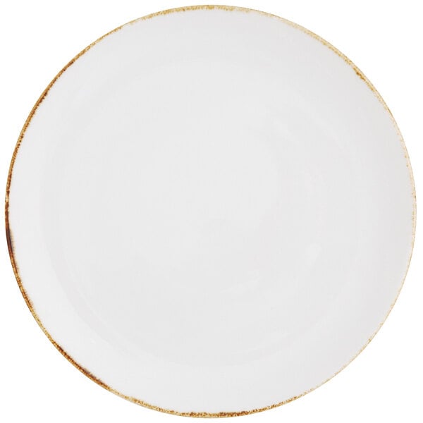 A Fortessa white china coupe plate with an Earth hue rim.