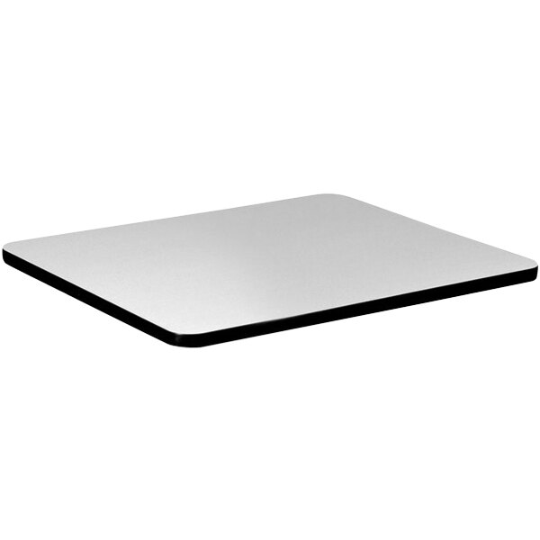 A white square Correll table top with black edges.