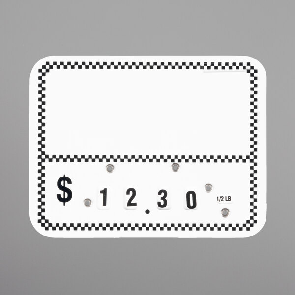 A white deli tag with a black and white checkered border and the price of $1.