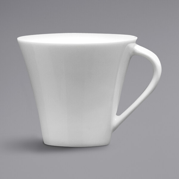 A Fortessa Tavola bright white porcelain coffee cup with a handle.