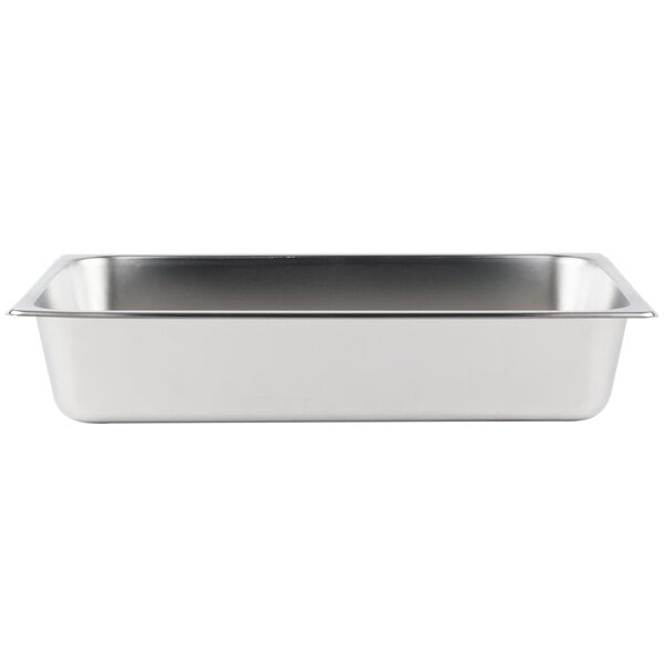 A stainless steel Grindmaster drop-in food warmer dump pan with a lid.