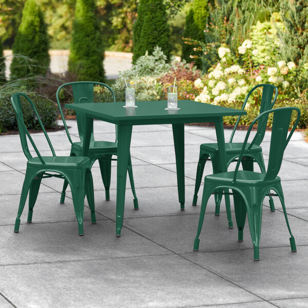 Lancaster Table & Seating Alloy Series 36" x 36" Emerald Dining Height Outdoor Table with 4 Industrial Cafe Chairs