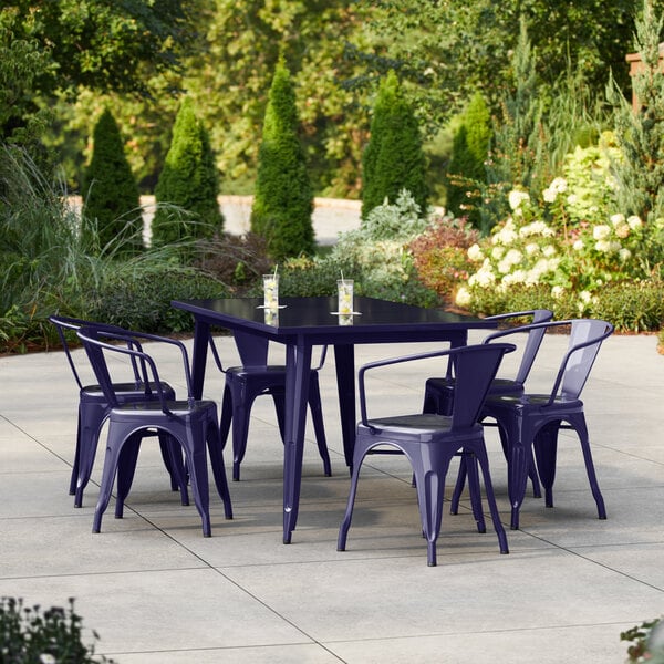 Lancaster Table & Seating Alloy Series 63" x 31 1/2" Sapphire Standard Height Outdoor Table with 6 Arm Chairs