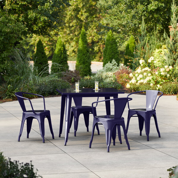 Lancaster Table & Seating Alloy Series 35 1/2" x 35 1/2" Navy Standard Height Outdoor Table with 4 Arm Chairs