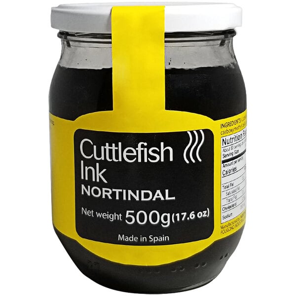 A jar of Nortindal cuttlefish ink, a black liquid with a yellow label.