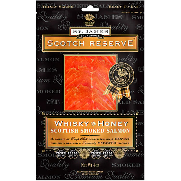 A package of St. James Smokehouse Scotch Reserve Whiskey and Honey Smoked Salmon.