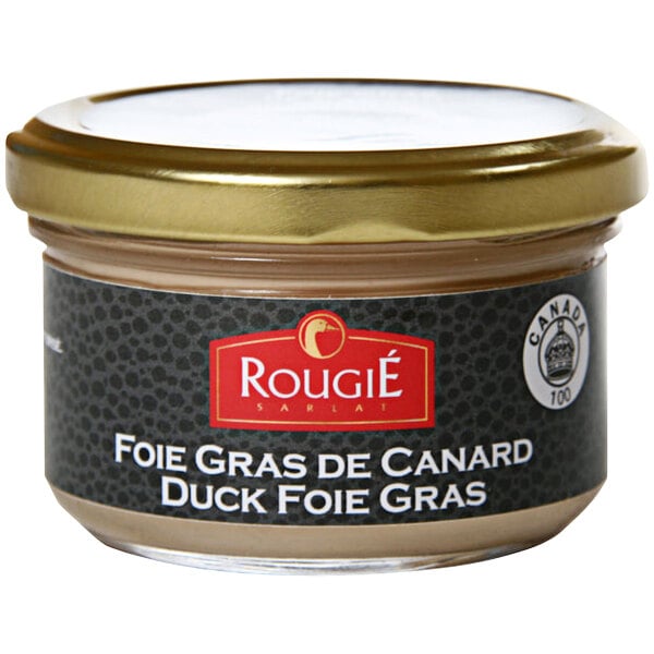 A jar of Rougie Whole Armagnac Foie Gras with a gold lid and label.