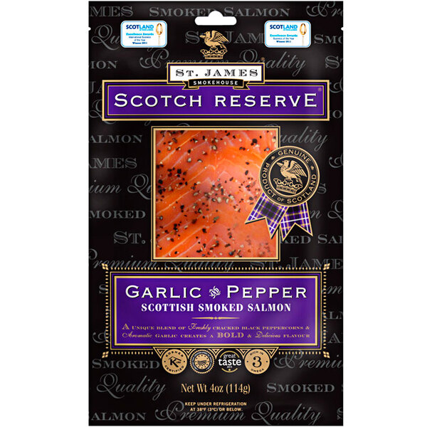 A package of St. James Smokehouse Scotch Reserve Garlic and Pepper Smoked Salmon Fillet.