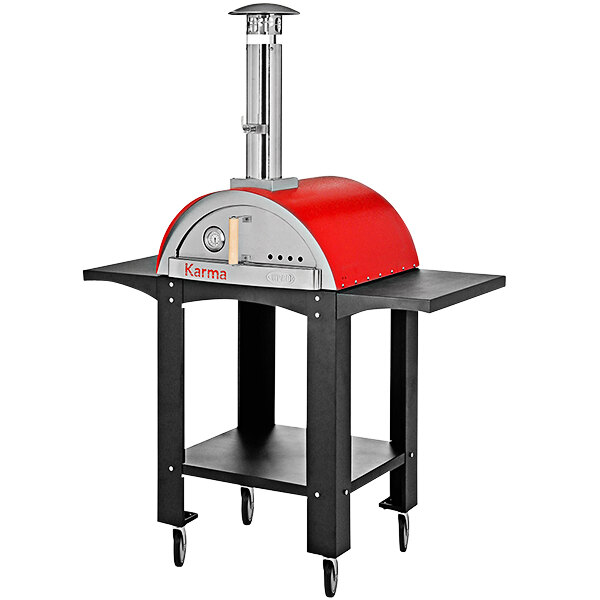 A red stainless steel WPPO Karma outdoor pizza oven on a mobile stand.