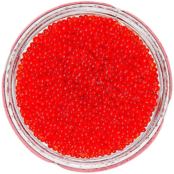 A bowl of Bemka red tobiko on a white background.