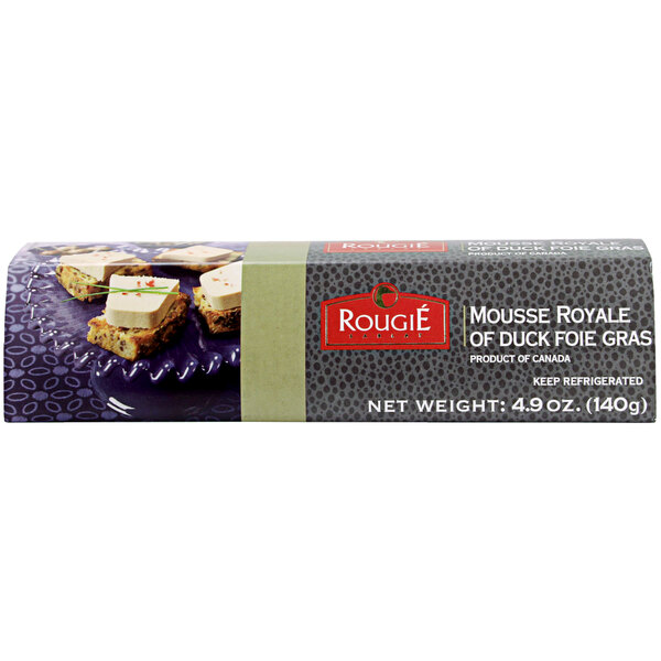 A white box of Rougie Royal Mousse Foie Gras with green lettering.