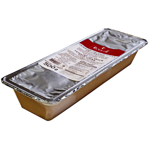 A rectangular Rougie Mi-Cuit Armagnac Terrine Foie Gras container with foil and a label.
