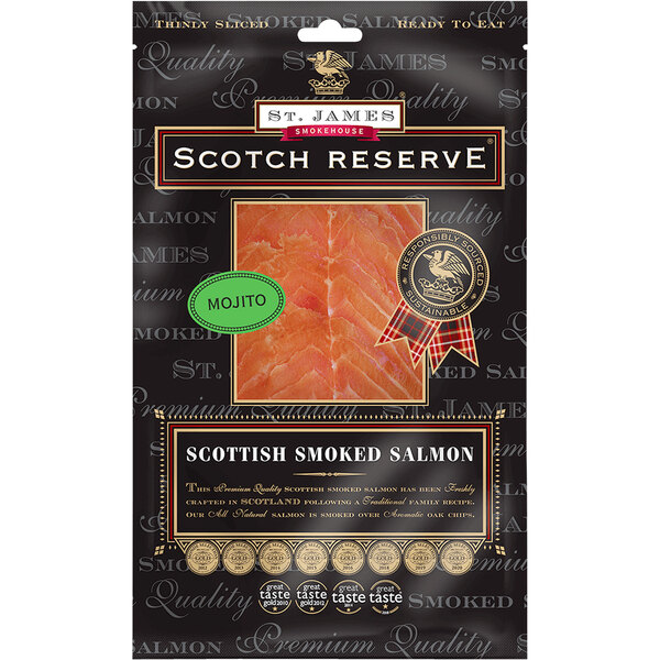 A package of St. James Smokehouse Scotch Reserve Mojito Smoked Salmon Fillet.