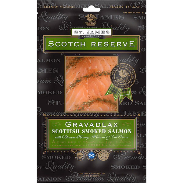 A package of St. James Smokehouse Scotch Reserve Gravadlax Smoked Salmon.