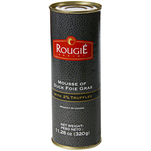 A tin of Rougie Mousse Foie Gras with Truffles on a white background.