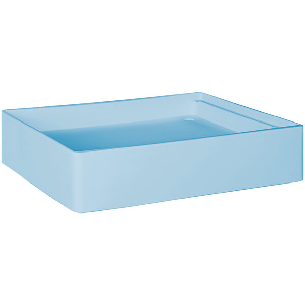 A blue rectangular Bonar Plastics ice tub with water in it.