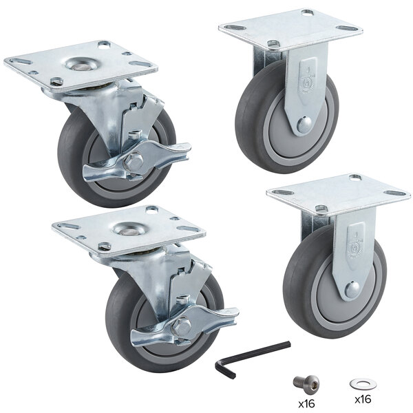 A set of four Bonar Plastics metal plate casters with black rubber wheels.