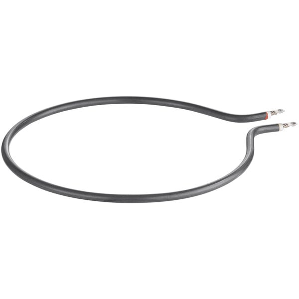 A black cable with two ends on a white background.