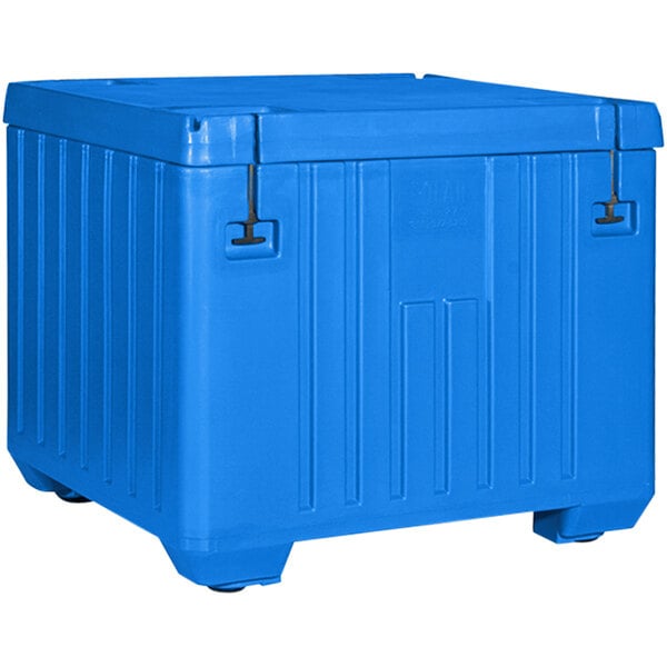 A blue plastic Bonar Plastics dry ice container with wheels and a lid.