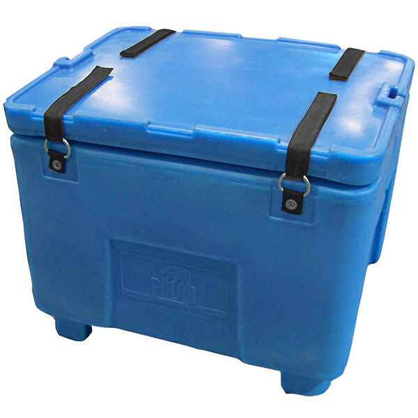A blue Bonar Plastics dry ice cooler with black straps on the hinged lid.