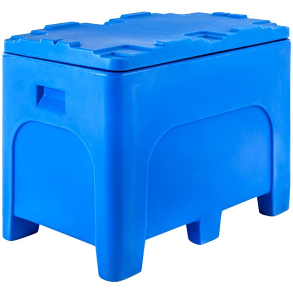 A blue Bonar Plastics dry ice container with a removable lid and handles.
