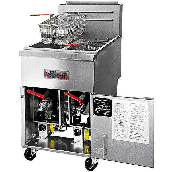 An Axis Ikon natural gas split pot fryer on wheels with baskets.