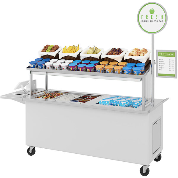 A white LTI multipurpose food cart with different types of food on it.