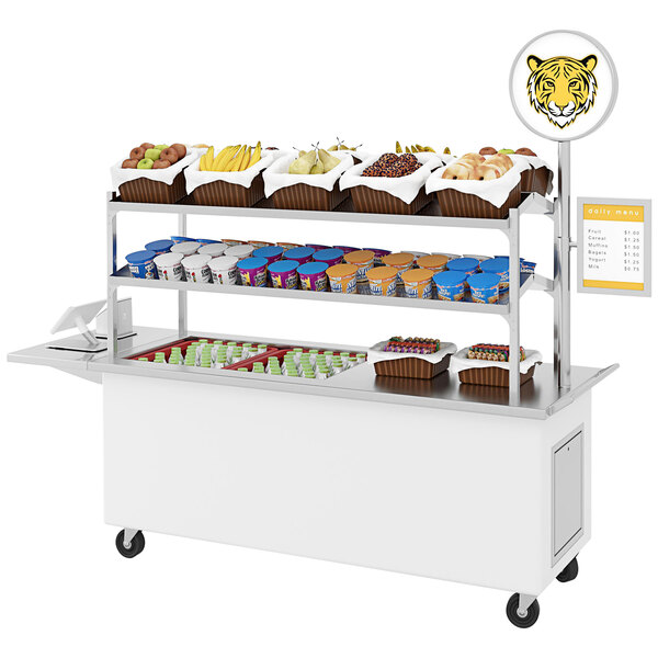 An LTI white food cart with a basket of food on a white cloth.
