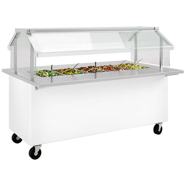 A white LTI Fresh 'N Ready food bar cart with a glass top.
