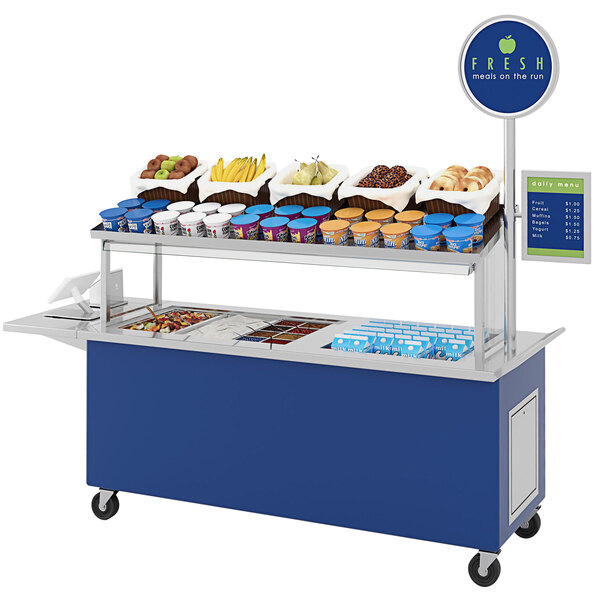 A Regal Blue LTI Multipurpose Food Cart with a variety of food on it.