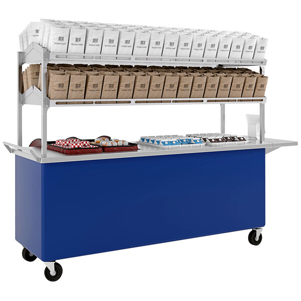 An LTI Grab-A-Bag Regal Blue food cart with a variety of items on it.