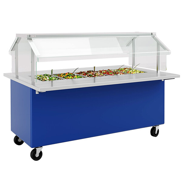 A Regal Blue LTI Fresh 'N Ready food bar cart with a clear top on wheels.