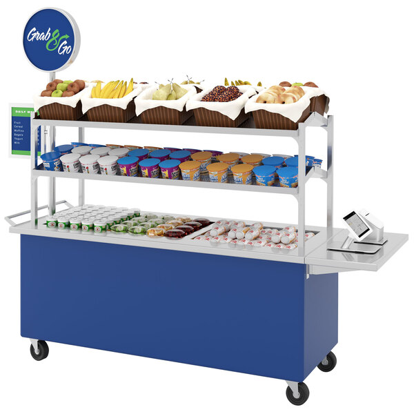 An LTI Regal Blue breakfast cart with food on it, including a basket of pastries and a bunch of bananas.
