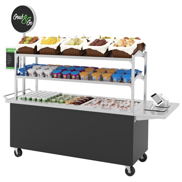 A black LTI breakfast cart with a variety of food items on it, including pears, bagels, and bananas.