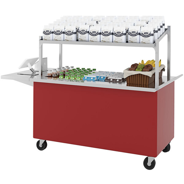 An LTI Streamline candy apple red serving cart with a shelf of food and a basket of fruit.