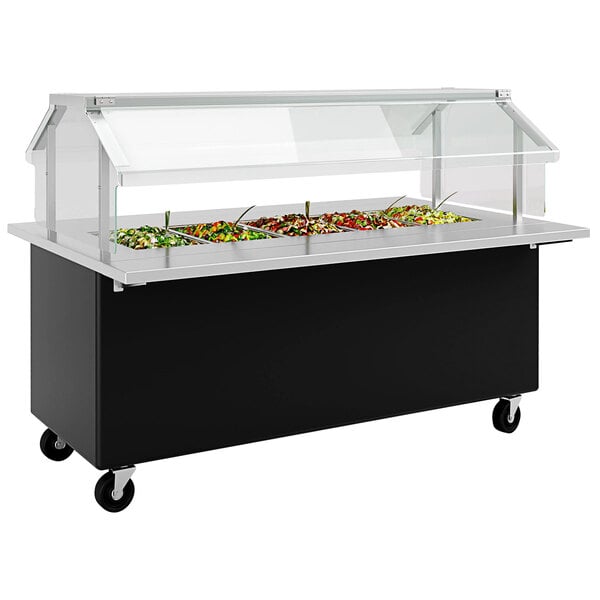 A black food bar cart with a clear top.
