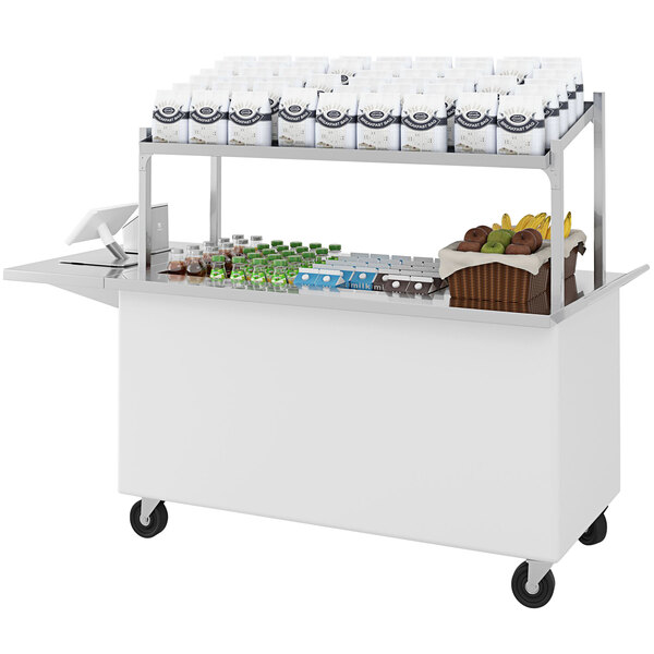 A white LTI Streamline food cart with a variety of food items on it.