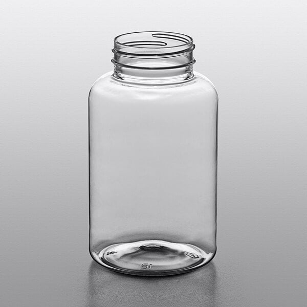 A 300cc clear glass packer bottle with a lid.